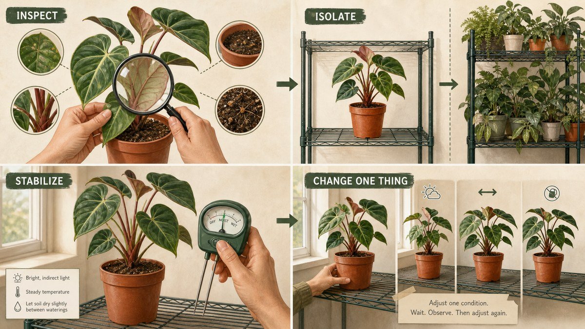 New houseplant acclimation actions: inspect leaves and soil, isolate the plant, stabilize light and moisture, then change one condition at a time