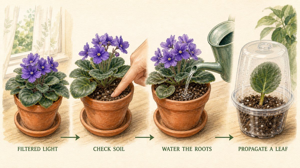 Illustrated African violet care routine showing filtered light, checking soil, watering roots, and propagating a leaf