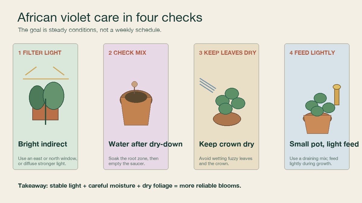 Four illustrated African violet care checks: filter the light, water after the mix dries, keep water off fuzzy leaves and the crown, and use a small draining pot with light feeding