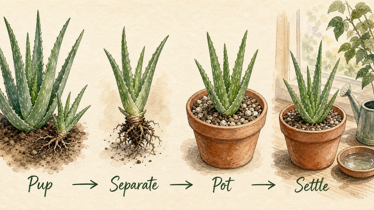Four illustrated aloe vera propagation steps: identify a rooted pup, separate it from the parent, pot it in gritty mix, and let it settle