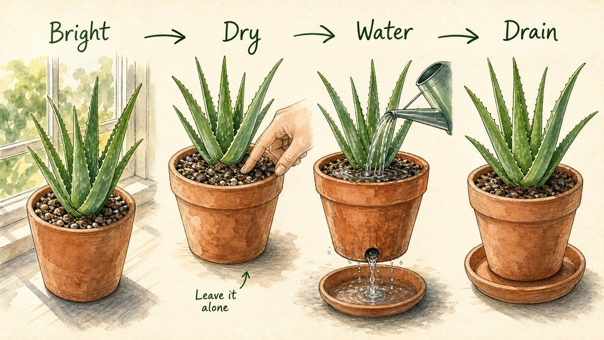 Four illustrated aloe vera watering steps: provide bright light, wait for dry mix, water thoroughly, and let excess drain