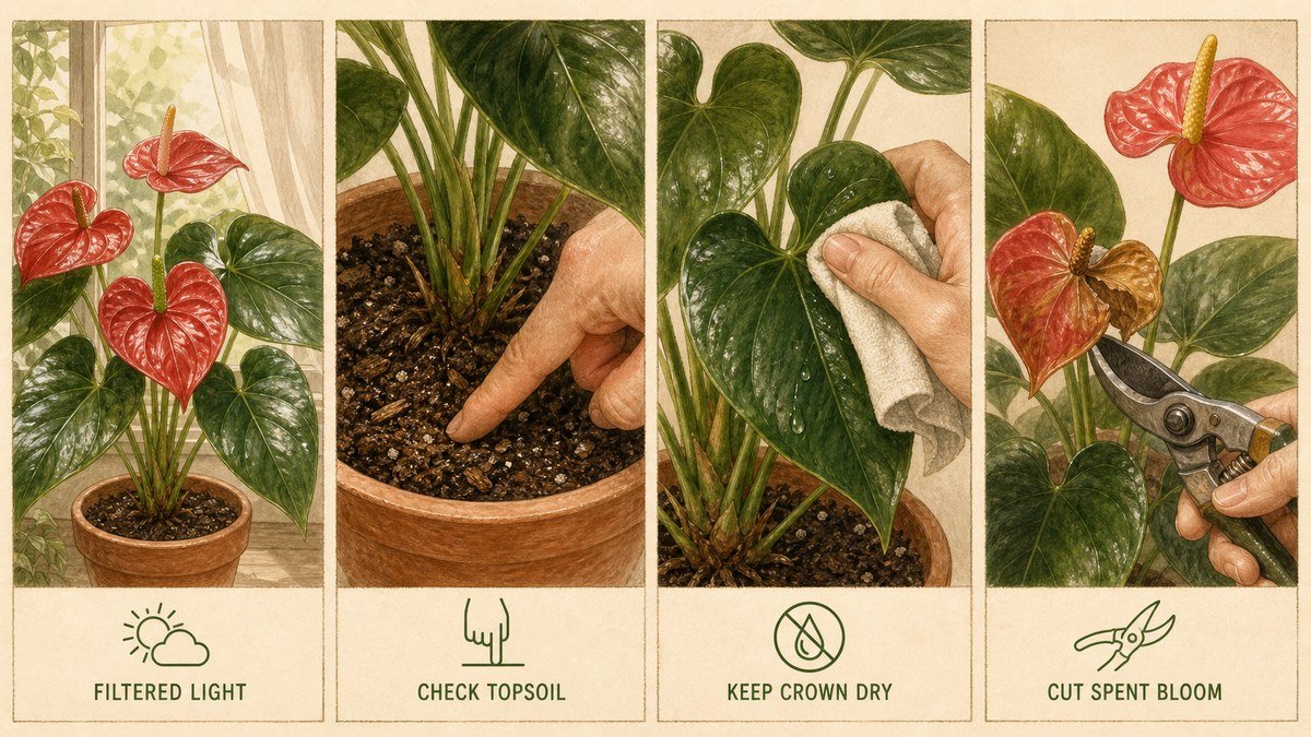 Illustrated anthurium care routine showing filtered light, checking topsoil, keeping the crown dry, and cutting a spent bloom