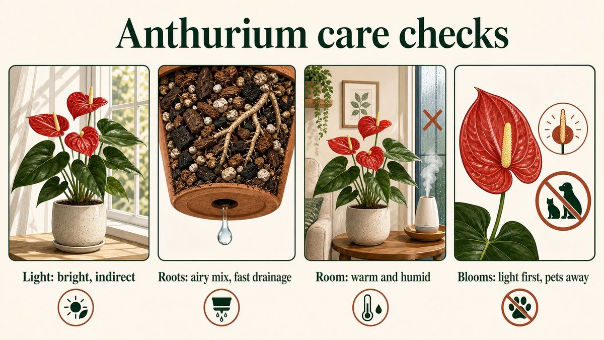 Infographic showing anthurium checks for bright indirect light, airy drainage, warm humidity, and pet safety