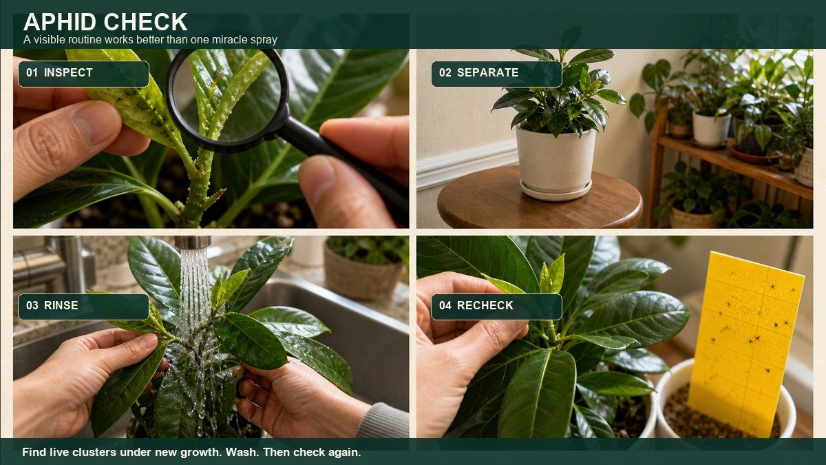Four-action visual guide for aphids on houseplants: inspect a tender leaf, separate the affected plant, rinse the foliage, and recheck new growth with a yellow monitoring card