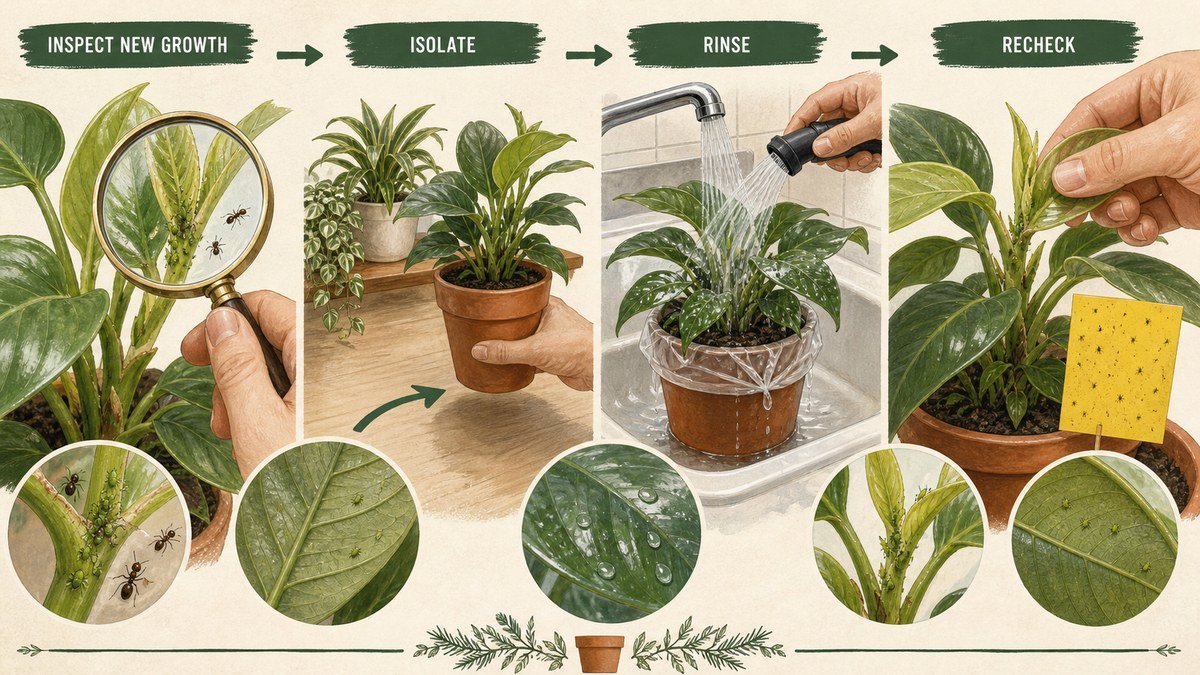 Visual guide to aphids on houseplants: inspect tender growth, isolate the affected pot, rinse suitable foliage, and recheck new leaves and stems