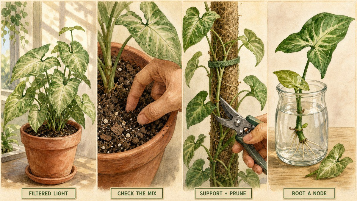 Illustrated arrowhead plant care routine showing filtered light, checking the mix, supporting and pruning a vine, and rooting a node