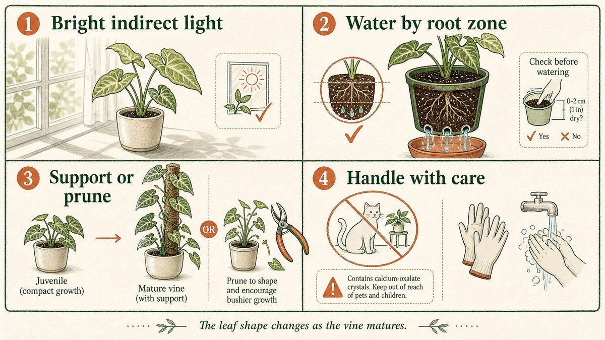 Four arrowhead plant care checks: provide bright indirect light, water by root-zone need, support or prune mature vines, and keep the toxic plant away from pets