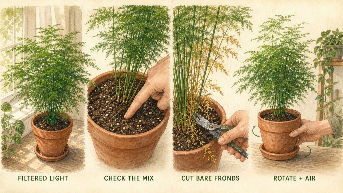 Illustrated asparagus fern care routine showing filtered light, checking the mix, cutting bare fronds, and rotating the pot for airflow