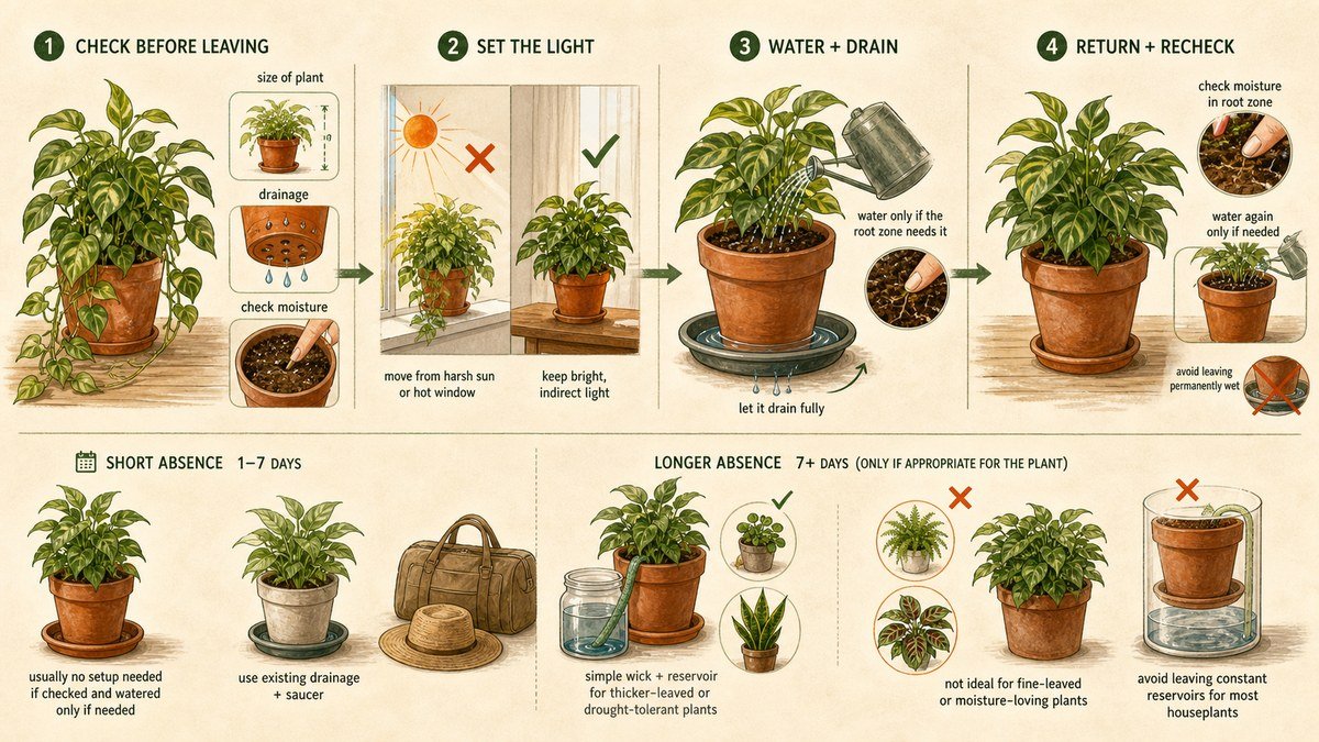 Visual guide to watering houseplants while away: check moisture and drainage, set safe light, water and drain, then recheck on return