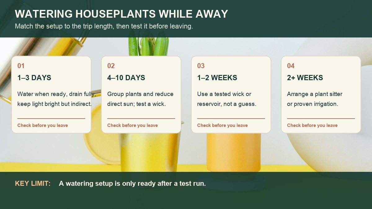 Vacation watering decision visual showing what to do for trips of 1 to 3 days, 4 to 10 days, 1 to 2 weeks, and longer than 2 weeks