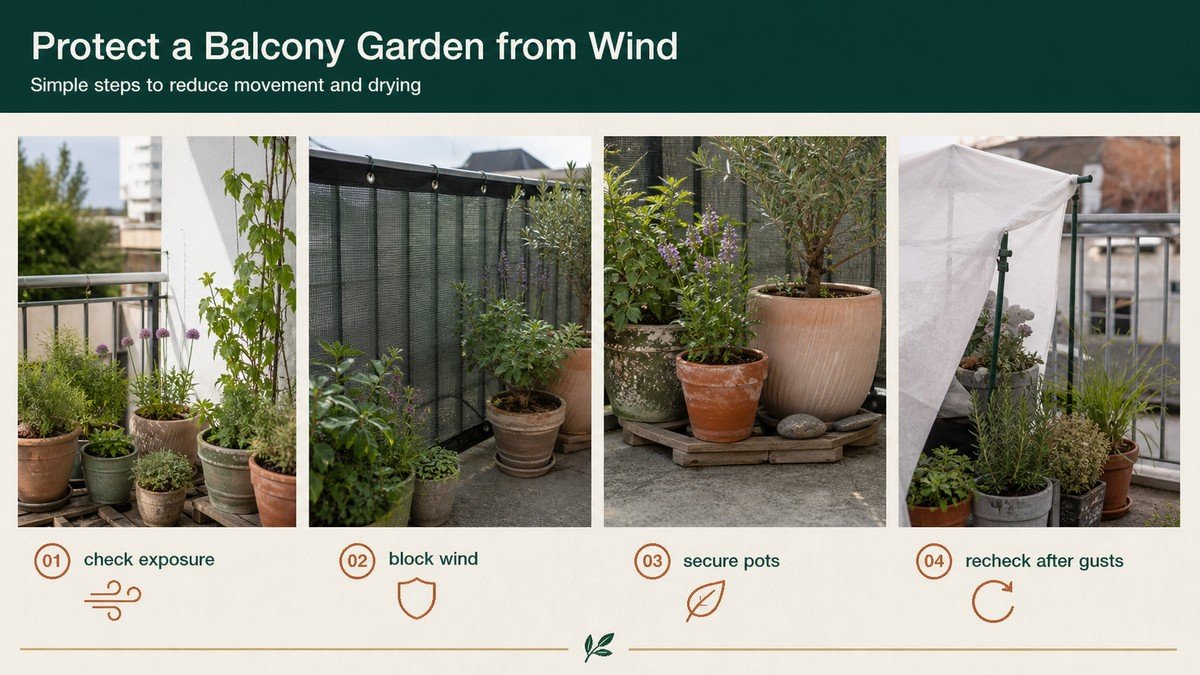 Visual guide using real balcony photos to show four wind-protection actions: lower pots, anchor soft supports, use an open screen, and move pots before a storm