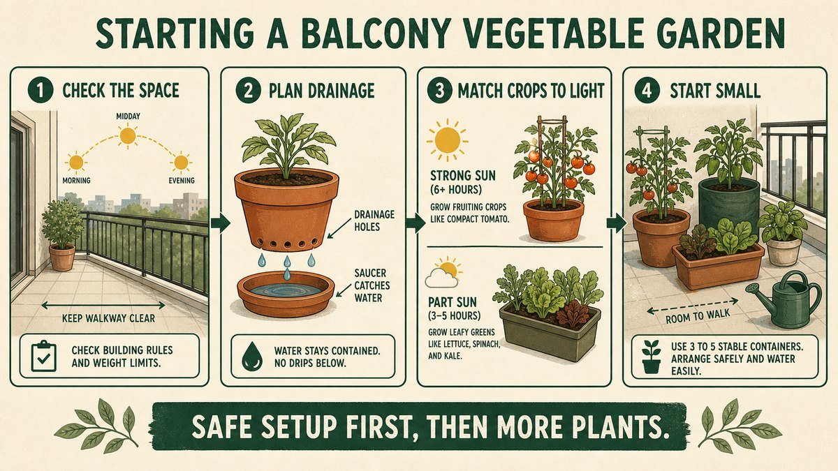 Four-step visual guide to starting a balcony vegetable garden: check the space, plan drainage, match crops to light, and start with a few stable containers