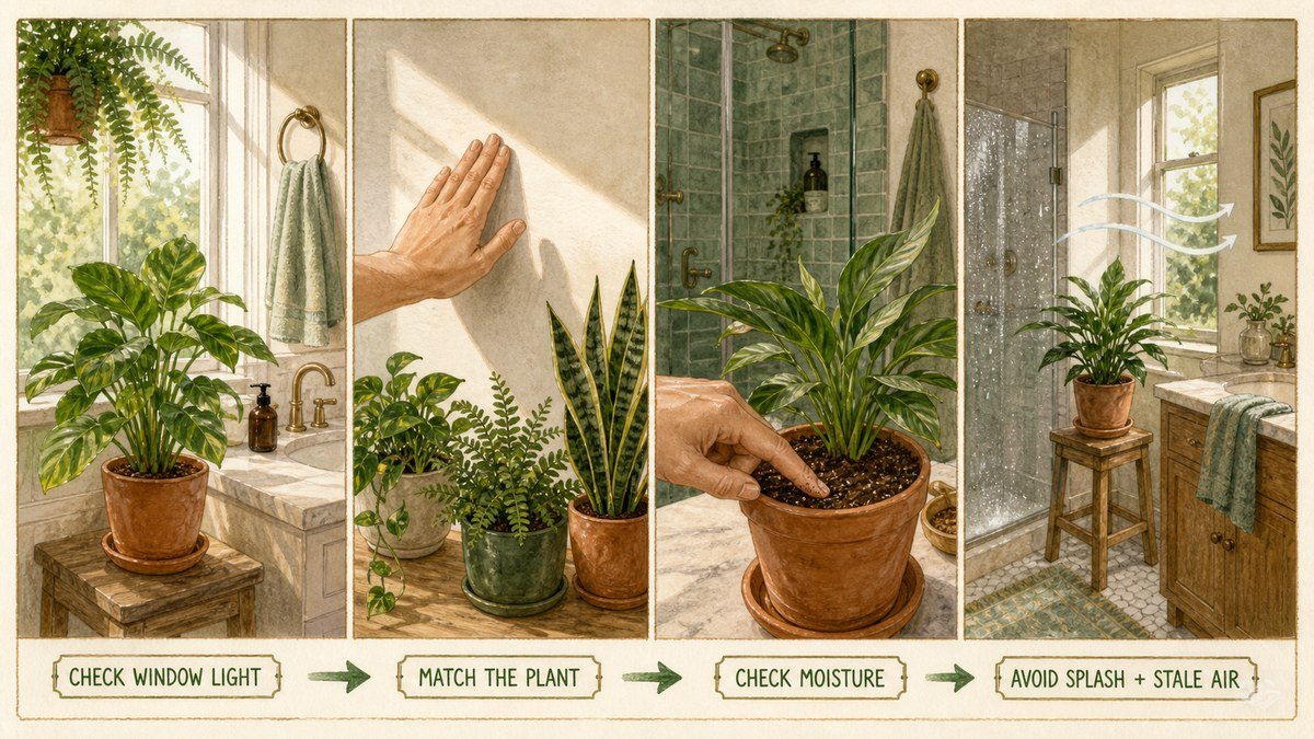 Illustrated bathroom plant selection routine showing window light, matching a plant, checking moisture, and avoiding splash and stale air