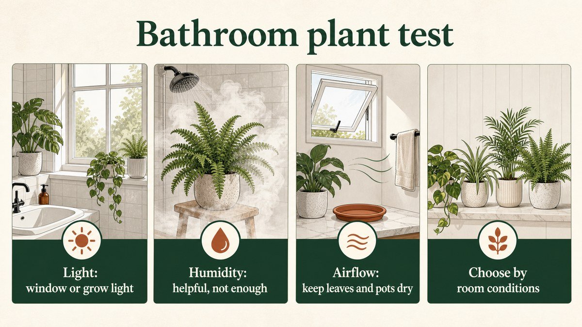 Infographic testing a bathroom for plant light, humidity, airflow, and room conditions