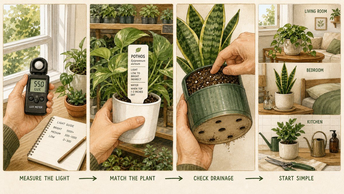Illustrated beginner plant selection routine showing measuring light, matching a plant, checking drainage, and starting with a simple room plant