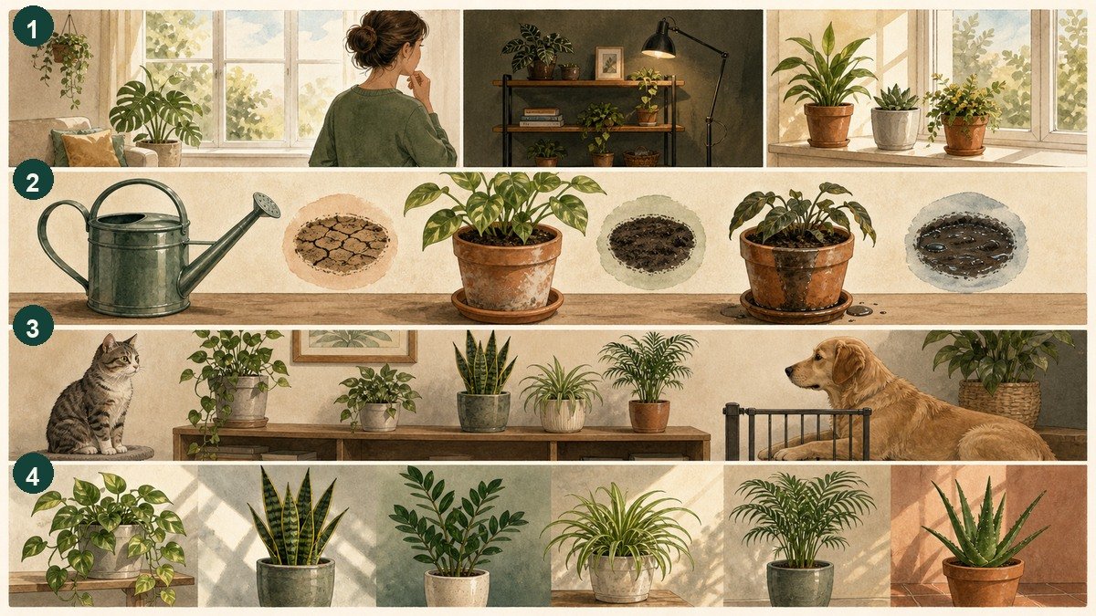 Four-step visual guide for choosing a beginner indoor plant: assess room light, match the plant to watering habits, check pets and available space, then compare a shortlist of forgiving plants