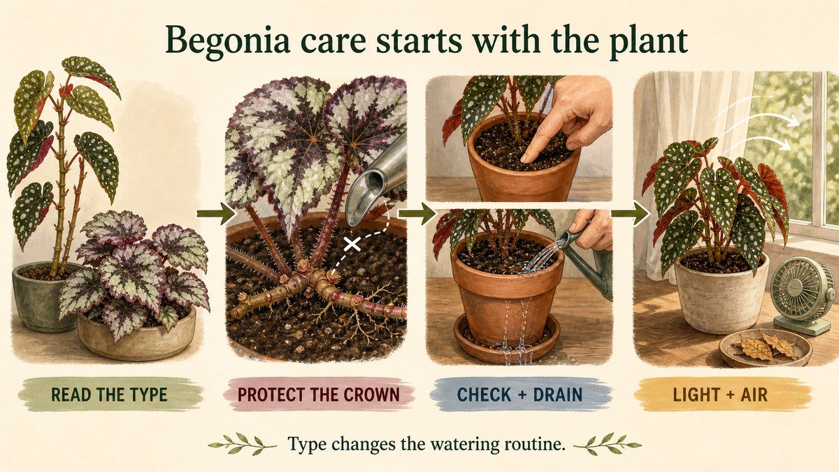 Plant-action diagram showing cane and Rex begonias, a protected rhizome, a finger checking potting mix before thorough drainage, and bright filtered light with airflow