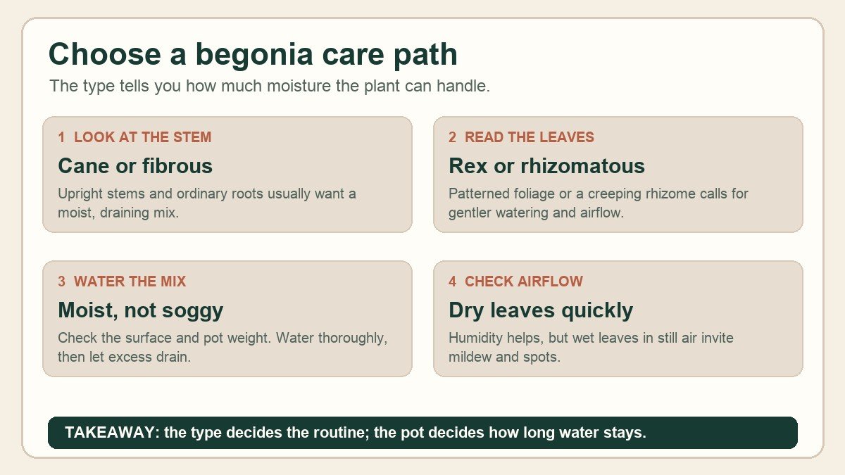 Four labelled begonia care checks: identify the stem, read the leaves, water the mix, and keep airflow moving
