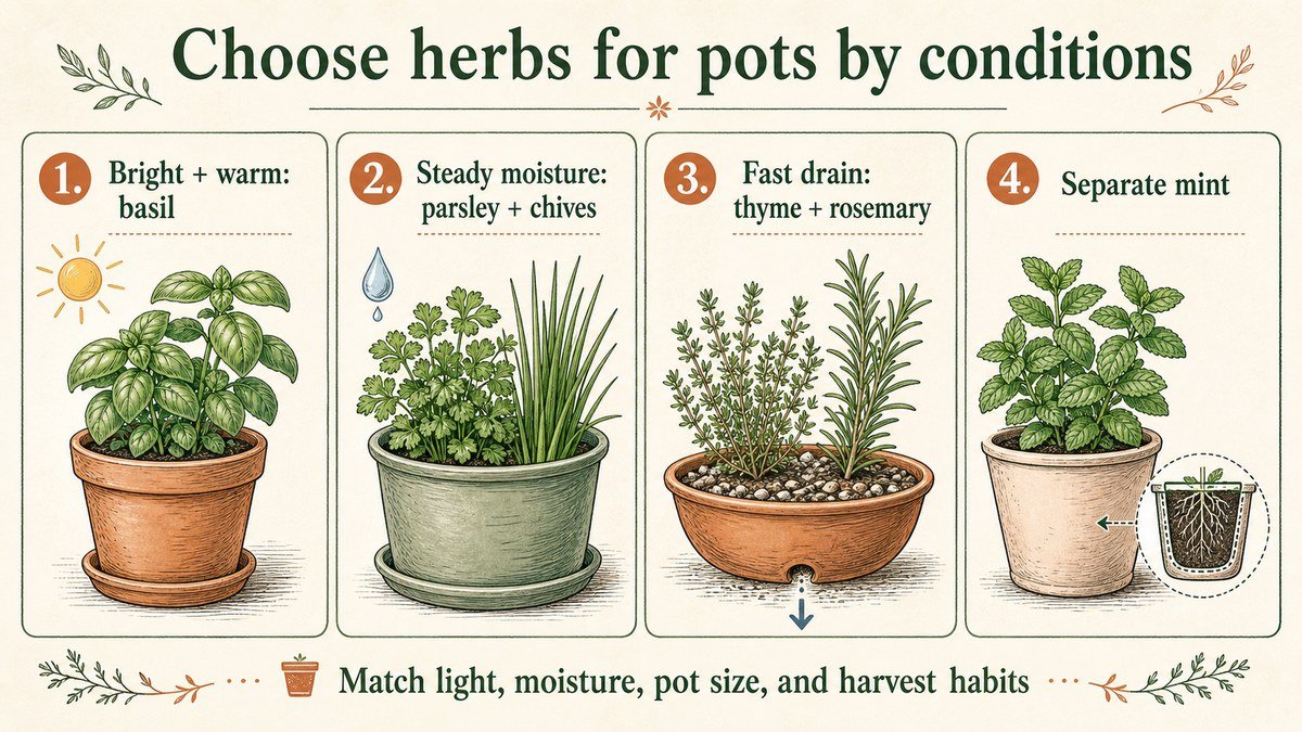 Four-step herb selection guide for pots: choose basil for bright warmth, parsley and chives for steady moisture, thyme and rosemary for fast-draining mix, and grow mint in its own container