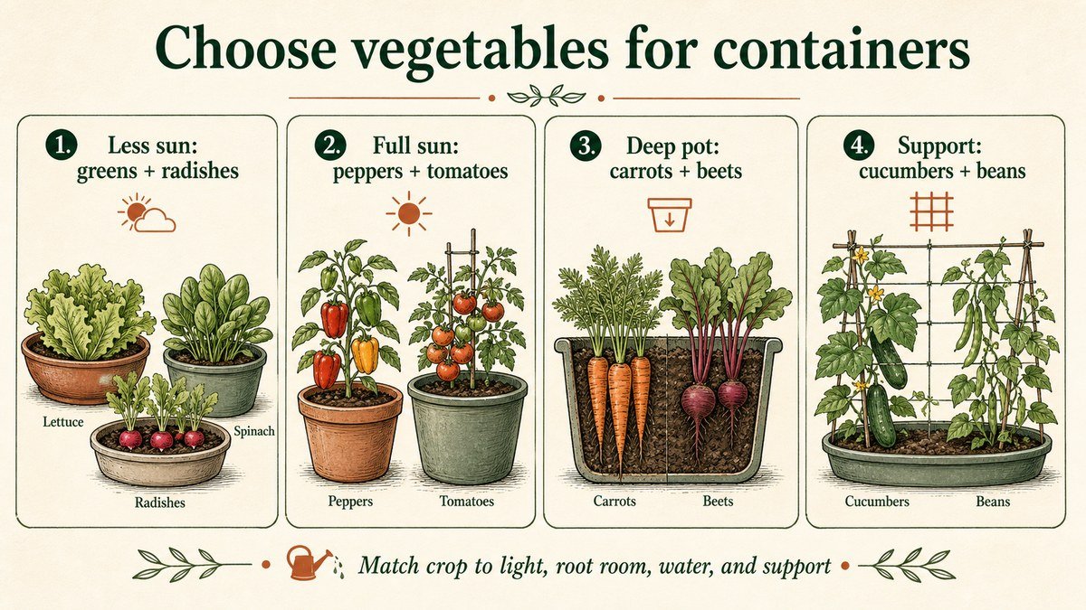 Four-step container vegetable selection guide: use greens and radishes in lower light, peppers and tomatoes in full sun, carrots and beets in deep pots, and cucumbers and beans with support