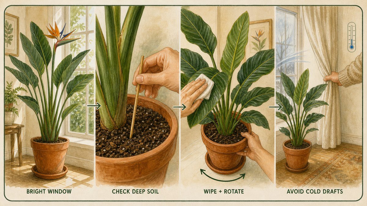 Illustrated bird of paradise care routine showing a bright window, checking deep soil, wiping and rotating the plant, and avoiding cold drafts