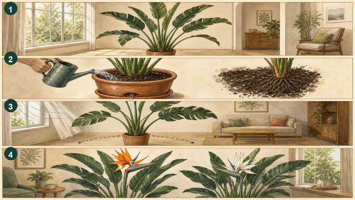 Four-step visual guide to bird of paradise care indoors: provide very bright light, water a draining pot without standing water, leave space for broad leaves, and compare orange and white flowering types