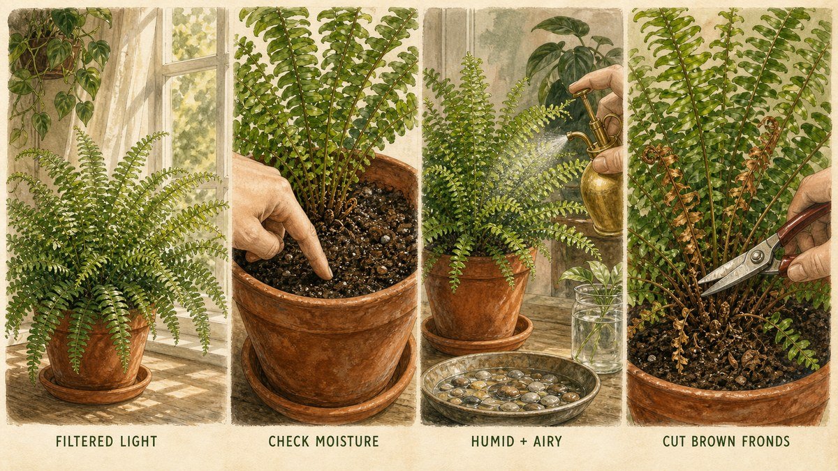 Illustrated Boston fern care routine showing filtered light, checking moisture, humid airy conditions, and cutting brown fronds