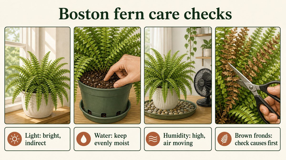 Infographic showing Boston fern checks for light, evenly moist soil, humidity with airflow, and brown frond diagnosis