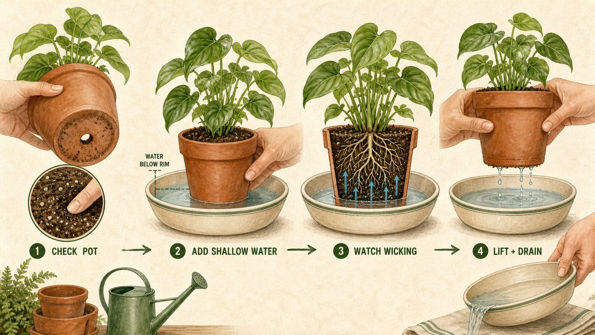 Bottom-watering actions: check the drainage hole and dry mix, add shallow water below the rim, watch moisture wick into the root zone, then lift and drain the pot