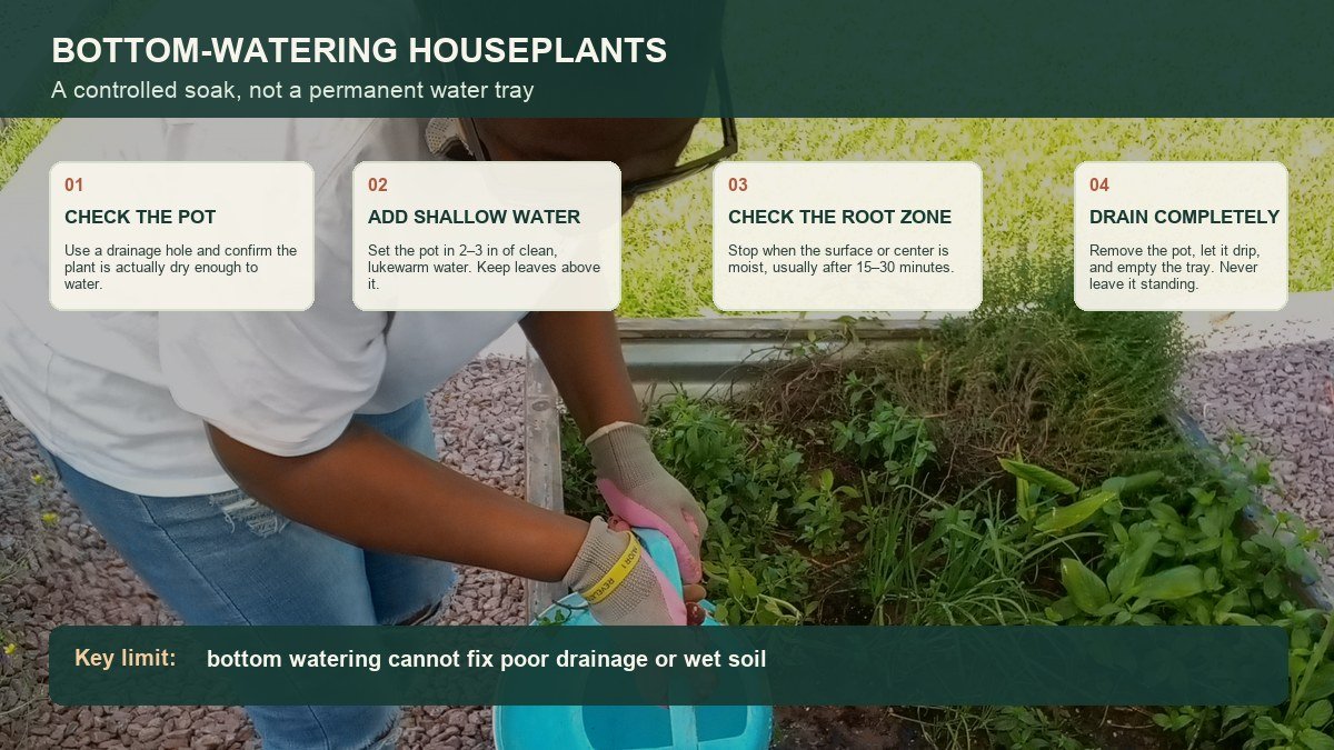 Four-step bottom-watering visual: check a drain-hole pot, add shallow water, check the root zone, and drain completely