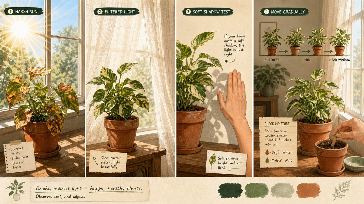 Bright indirect light actions: compare harsh sun with filtered light, use a soft-shadow test, and move a houseplant gradually while checking moisture