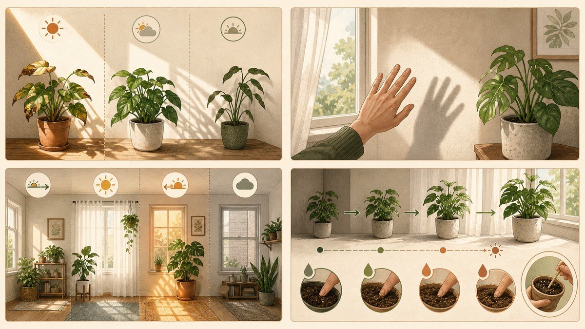 Four-step visual guide to bright indirect light: compare harsh sun, filtered light, and dim light, use a soft-shadow test, consider window direction, and move plants gradually while checking moisture