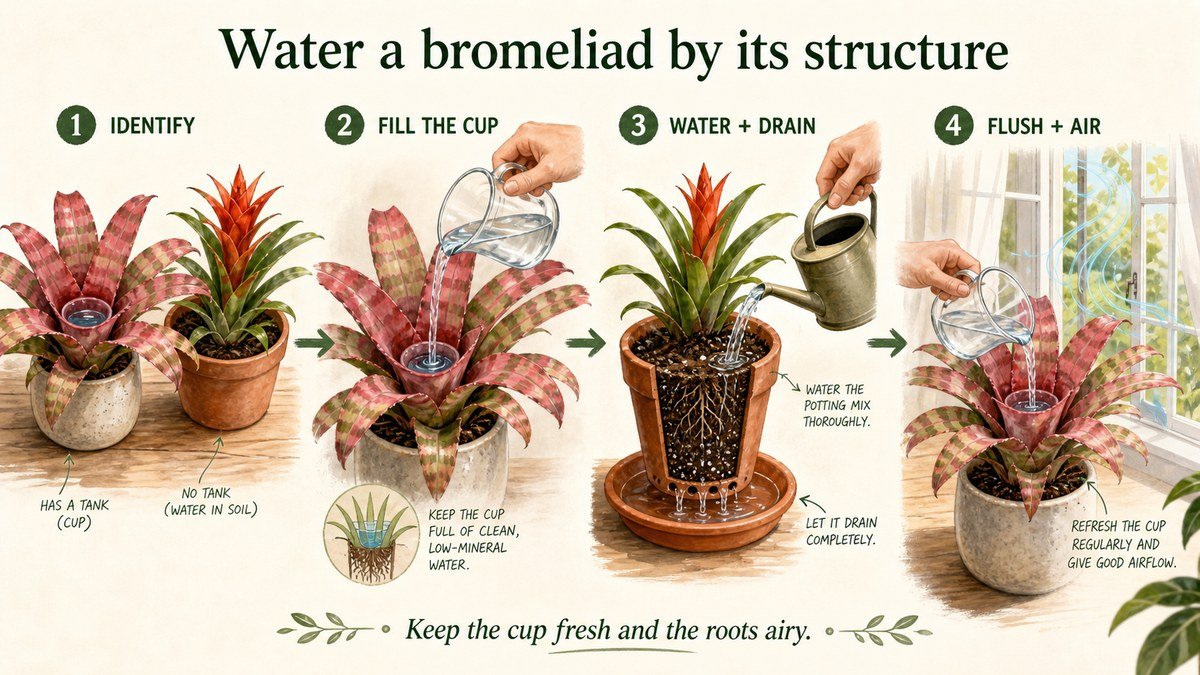Plant-action diagram showing a tank bromeliad, filling its central cup, watering and draining the potting mix, then refreshing the cup beside a bright window