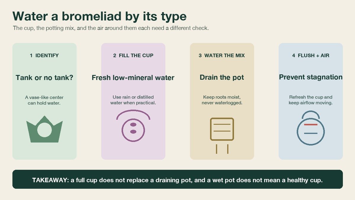 Four illustrated bromeliad watering checks: identify a tank, fill the cup, water the mix and drain the pot, then flush the cup and maintain airflow