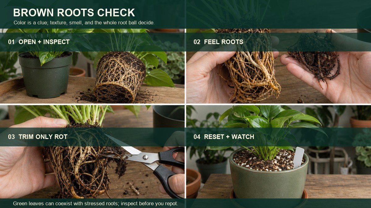 Four-action visual guide for brown roots with green leaves: inspect the root ball, feel the roots, trim only soft rot, and reset the plant