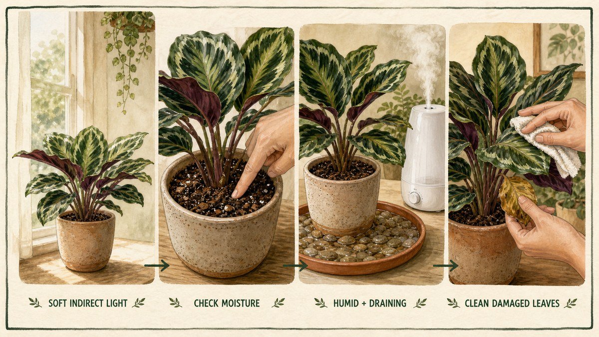 Illustrated Calathea care routine showing soft indirect light, checking moisture, humidity with drainage, and cleaning damaged leaves