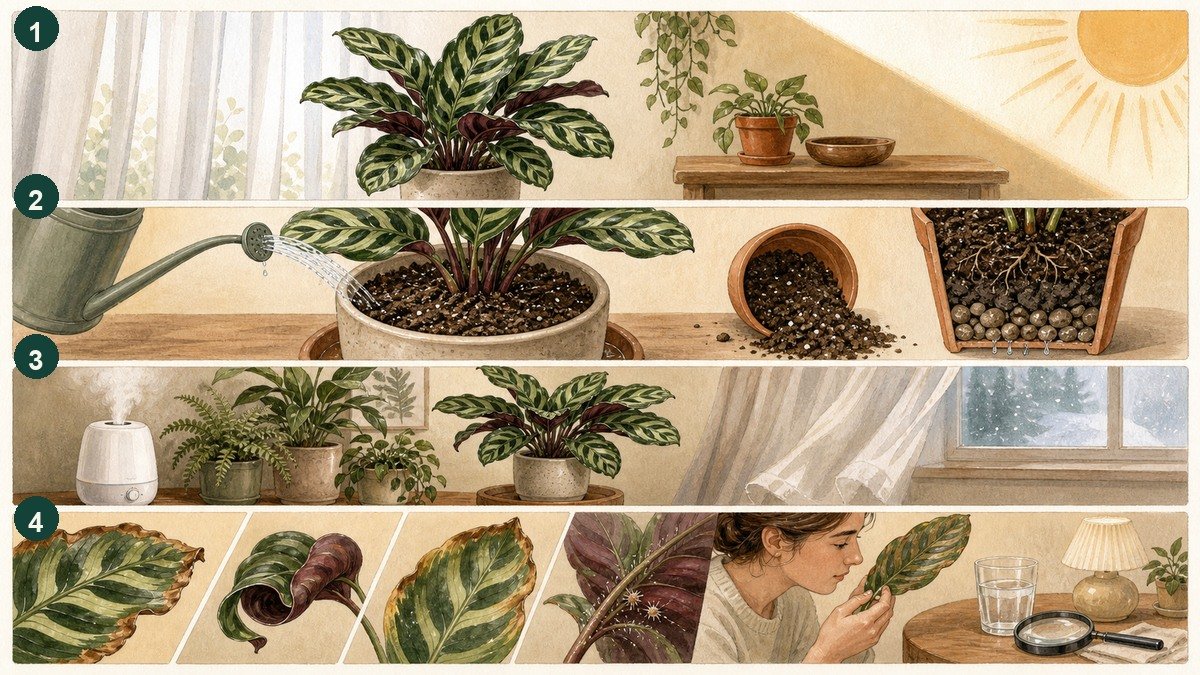 Four-step visual guide to Calathea care: use filtered indirect light, keep the mix evenly moist without standing water, provide stable humidity and warmth, and inspect brown edges or curled leaves before changing care