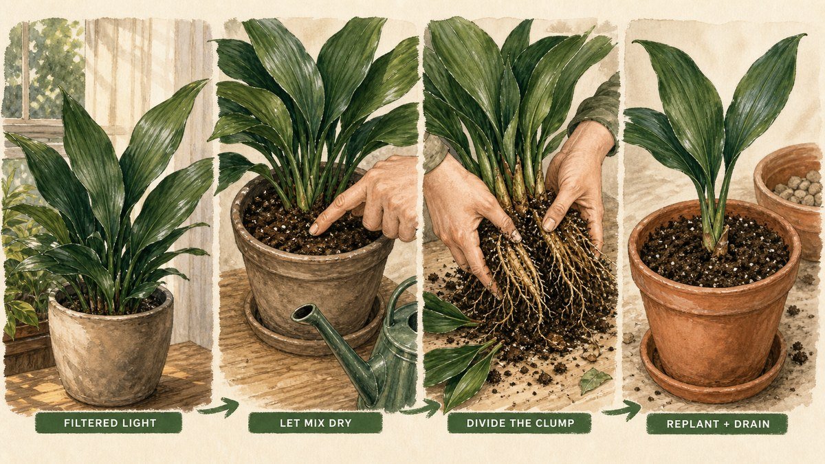 Illustrated cast iron plant care routine showing filtered light, letting the mix dry, dividing a clump, and replanting with drainage