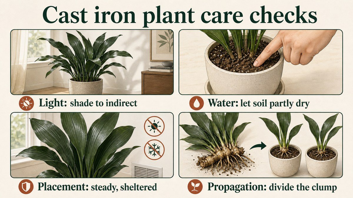 Infographic showing cast iron plant checks for shade to indirect light, partly dry soil, sheltered placement, and division