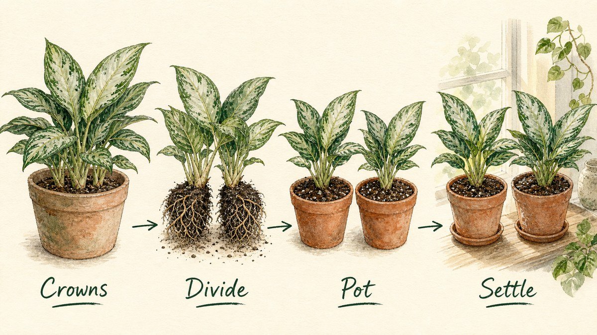 Four illustrated Chinese evergreen propagation steps: identify separate crowns, divide the rooted clump, pot each section, and let the new plants settle