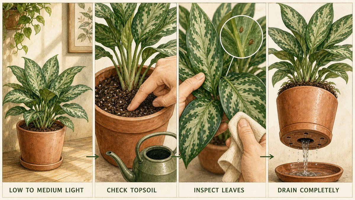 Illustrated Chinese evergreen care routine showing low to medium light, checking topsoil, inspecting leaves, and draining completely
