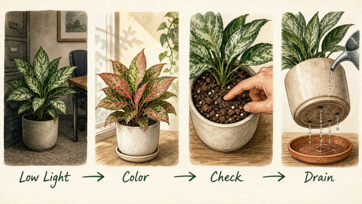 Four illustrated Chinese evergreen steps: use low light for green forms, give colorful forms brighter indirect light, check the mix, and drain excess water