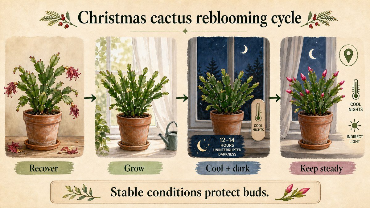 Plant-action diagram showing a Christmas cactus recovering after flowering, growing in filtered light, receiving cool dark autumn nights, and keeping its flower buds stable