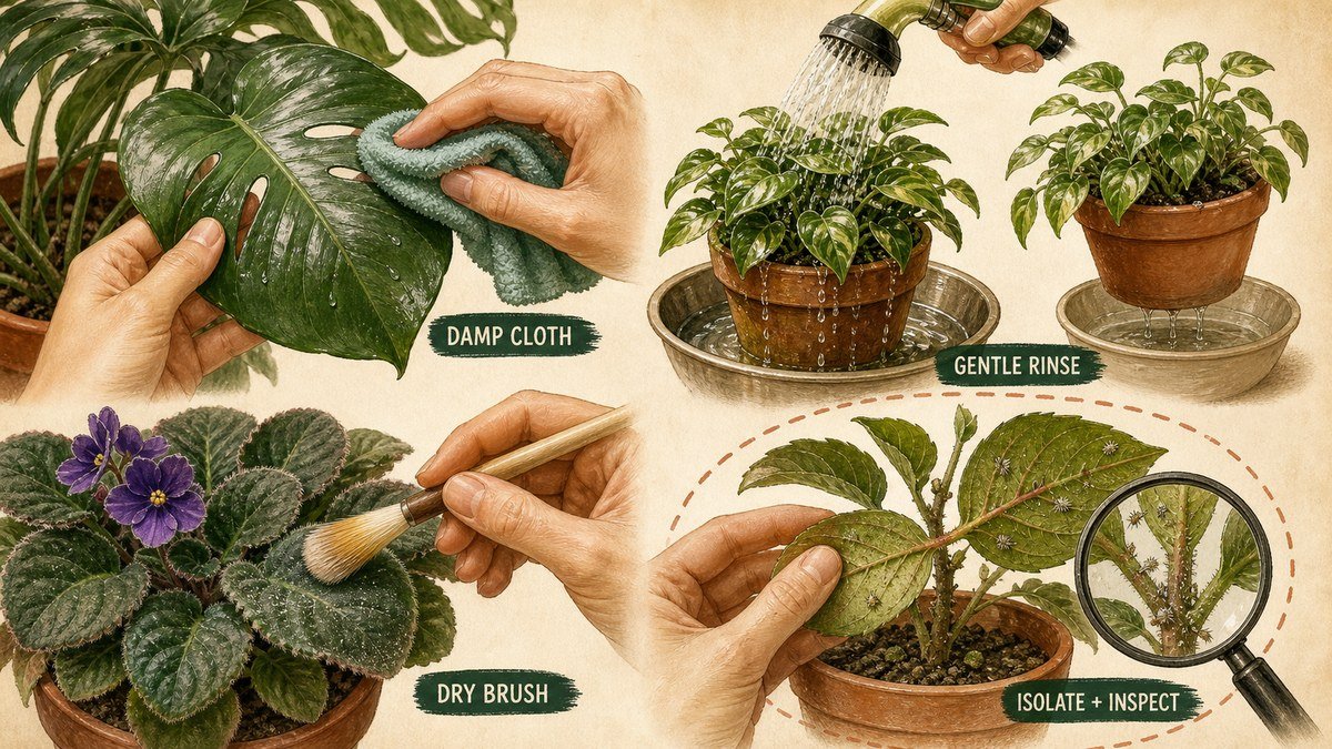 Visual guide to cleaning houseplant leaves: wipe smooth leaves with a damp cloth, rinse sturdy plants over a saucer, dry-brush fuzzy leaves, and isolate sticky leaves for pest inspection