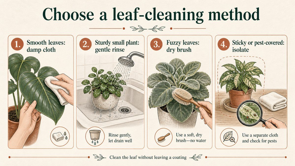 Four-step houseplant leaf-cleaning guide: wipe smooth leaves with a damp cloth, gently rinse sturdy plants, dry-brush fuzzy leaves, and isolate sticky or pest-covered plants