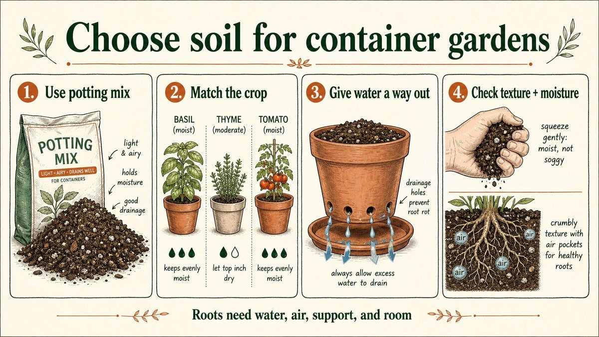 Four-step container garden soil guide: use potting mix, match texture and moisture to the crop, give excess water a way out, then check texture and root-zone air