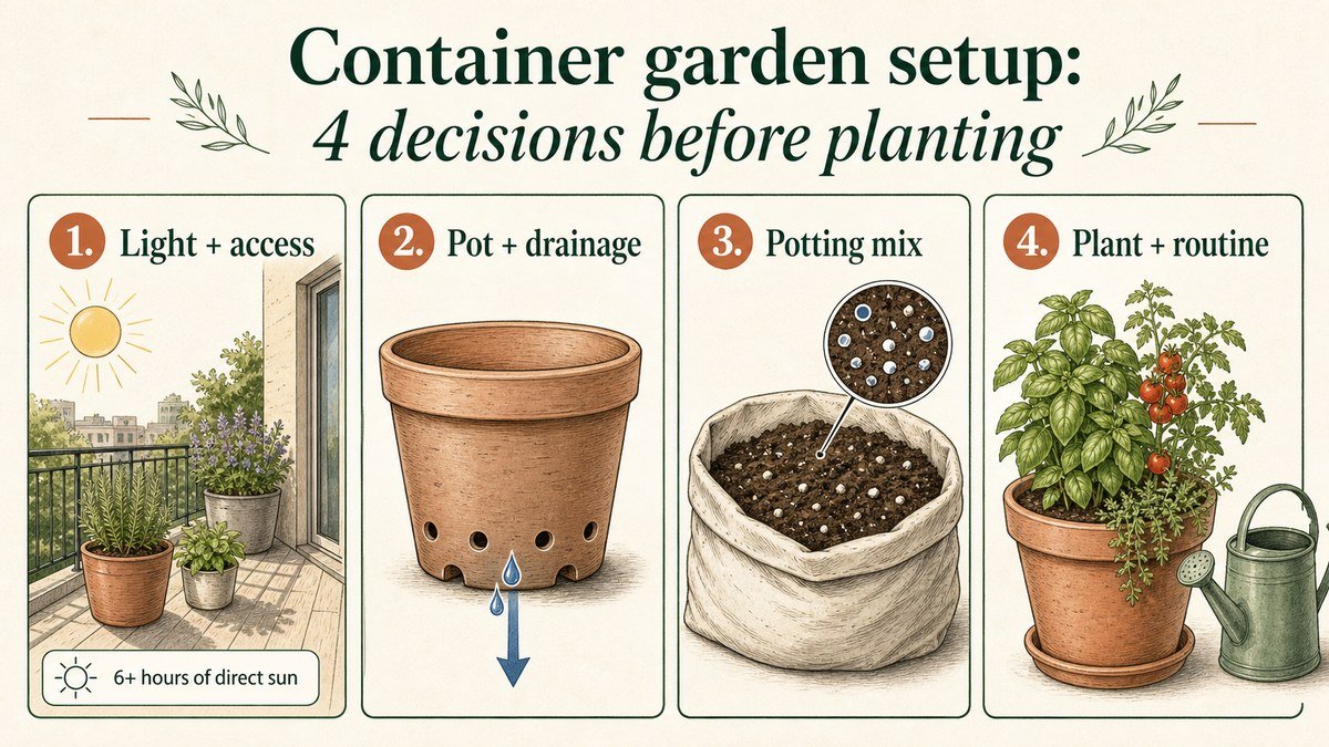 Four-step container garden setup guide: choose light and water access, select a pot with drainage, fill it with potting mix, then match a plant to the light and watering routine