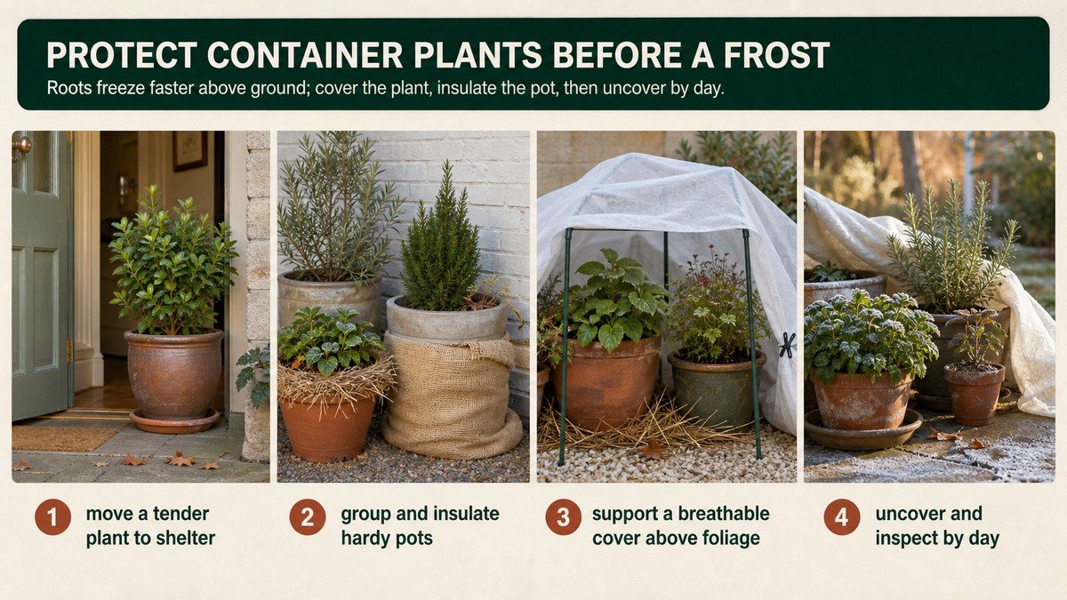 Original frost protection visual showing a tender plant moved indoors, hardy pots grouped and insulated, a supported cover above foliage, and a daytime check