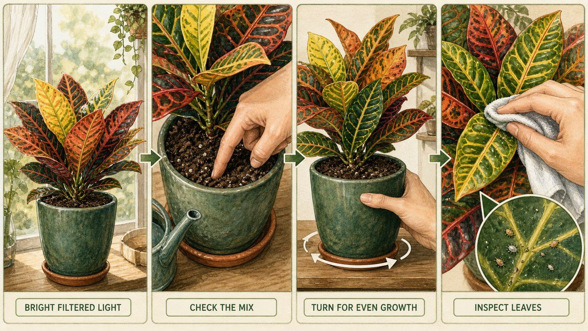 Illustrated croton care routine showing bright filtered light, checking the mix, turning for even growth, and inspecting leaves