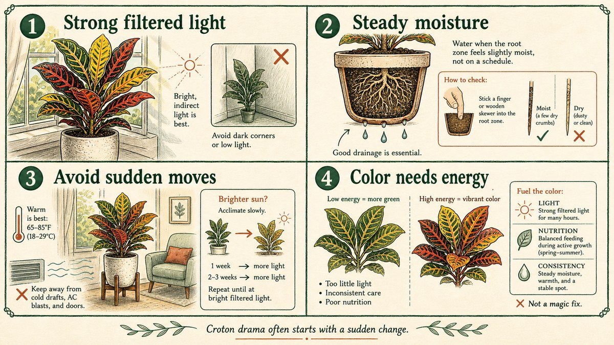 Four croton care checks: provide strong filtered light, keep moisture steady with drainage, avoid sudden moves, and support leaf color with overall plant energy